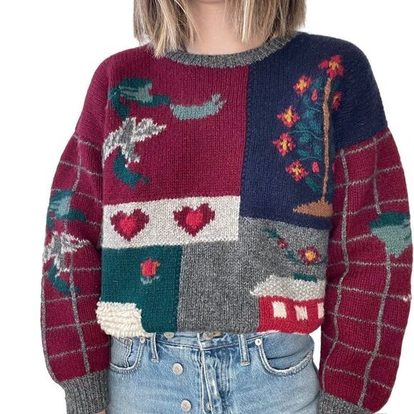 Vintage Womens Deans of Scotland Hand Knit Cottagecore Farm Scene Wool Sweater - Picture 2 of 9